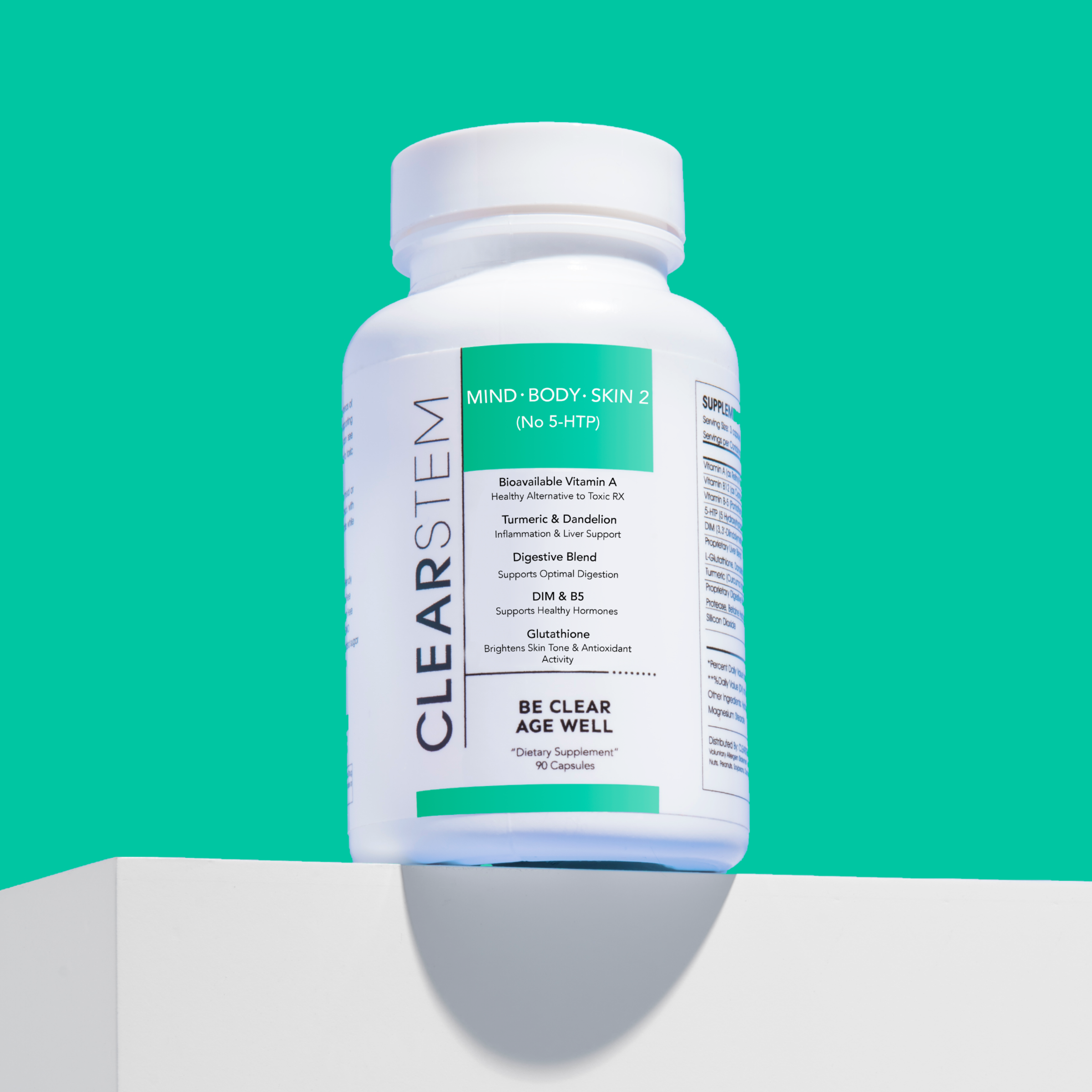 clearstem mindbodyskin hormonal acne supplement bottle with green background