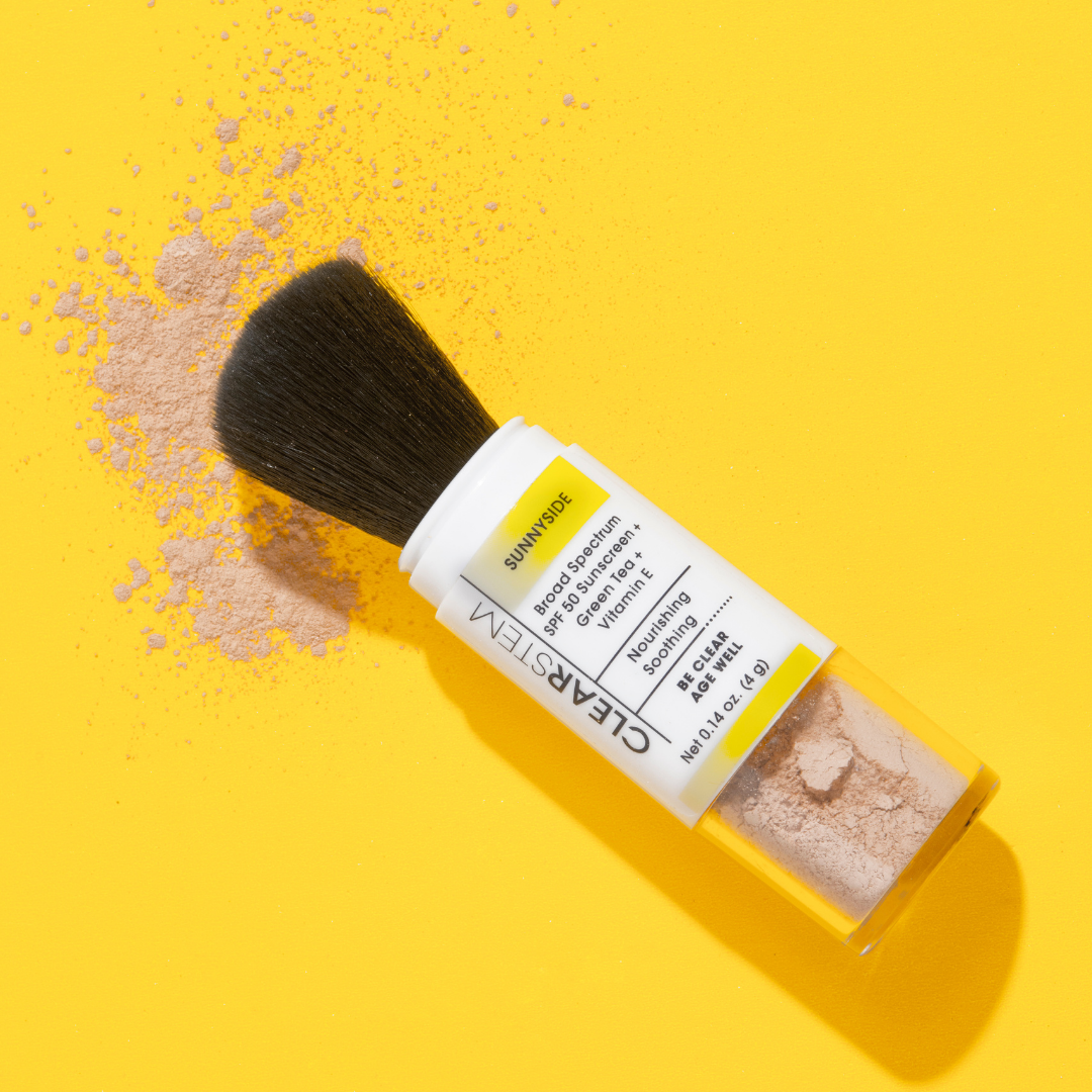 clearstem sunnyside - brush-on mineral sunscreen bottle on yellow background
